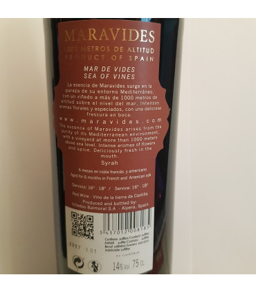 VINO TINTO MARAVIDES SYRAH 75cl 2017